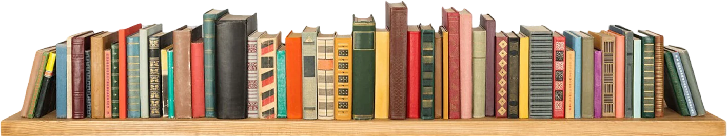 Book collection on a wooden shelf