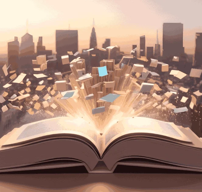 Open book releasing stories into the sky